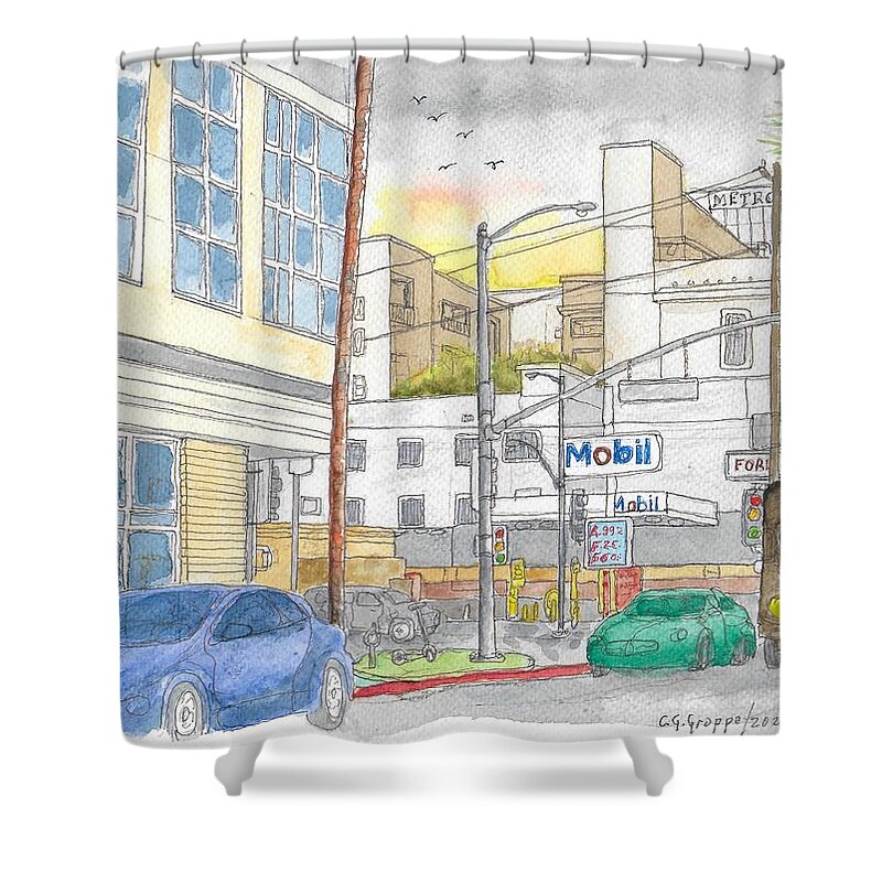 Mobil Gasoline Station Shower Curtain featuring the painting Mobil Gas Station, Sunset Blvd, Hollywood, California by Carlos G Groppa