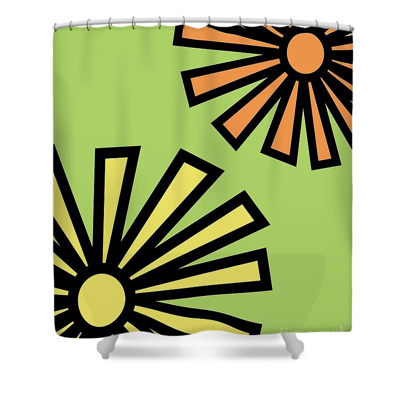 Mod Shower Curtain featuring the digital art Mod Flowers 4 on Green by Donna Mibus