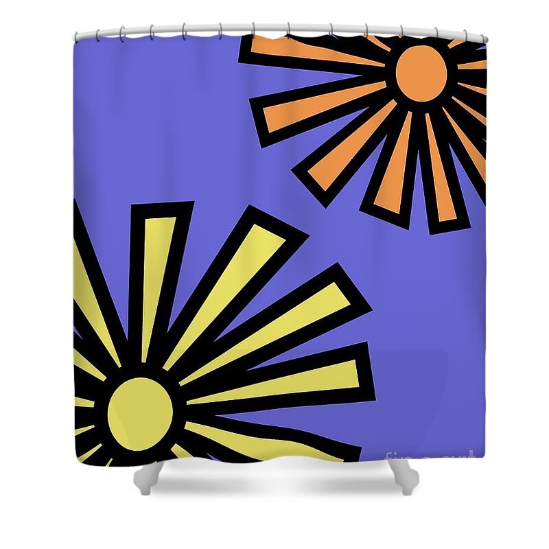 Mod Shower Curtain featuring the digital art Mod Flowers 4 on Twilight by Donna Mibus
