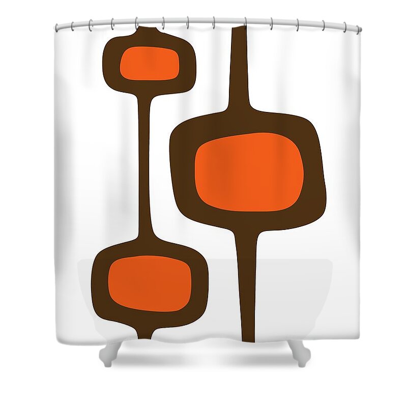 Mid Century Shapes Shower Curtain featuring the digital art Mod Pod 3 Orange and Brown on White by Donna Mibus