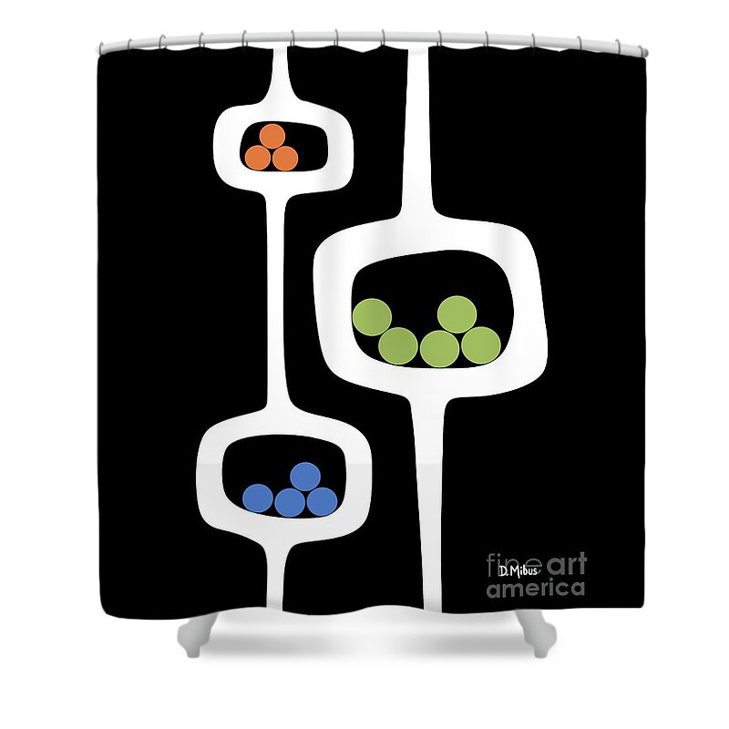 Mid Century Pods Shower Curtain featuring the digital art Mod Pod 3 with Circles on Black by Donna Mibus