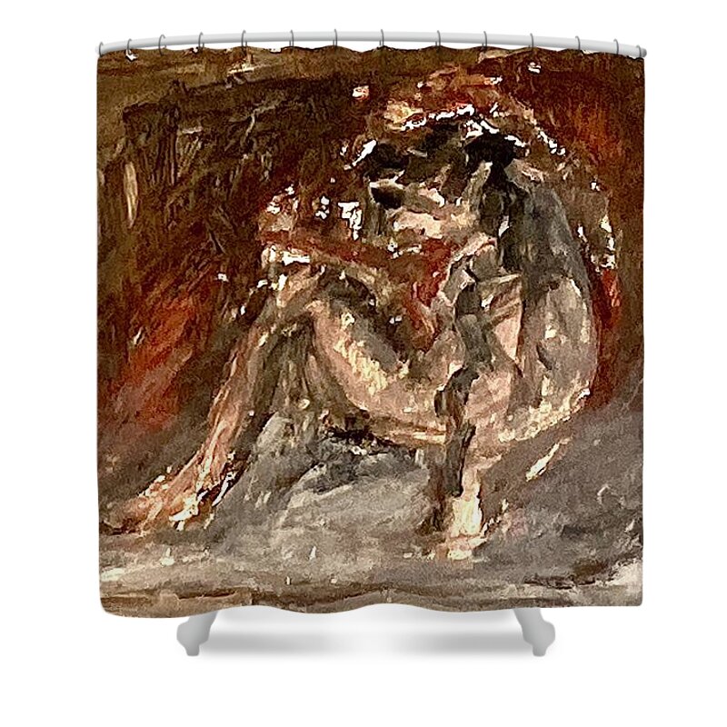 Model Shower Curtain featuring the painting Model sitting on the floor II by David Euler