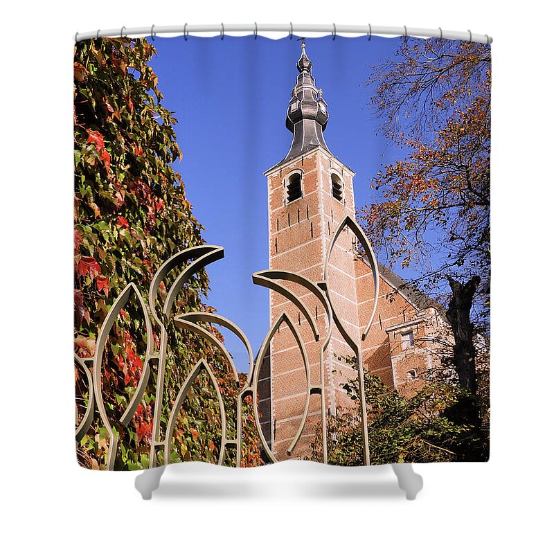Design Shower Curtain featuring the photograph Modern gate and baroque church by Heidi De Leeuw