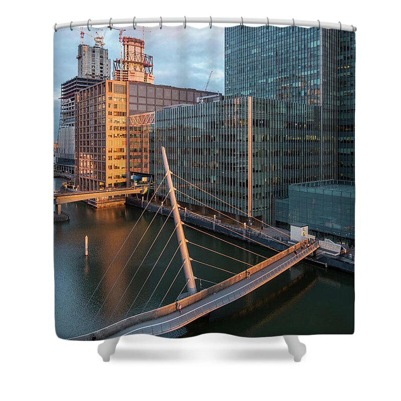 Canary Wharf Shower Curtain featuring the photograph Modern office building in the Canary Wharf financial centre in the evening. London united kingdom by Michalakis Ppalis