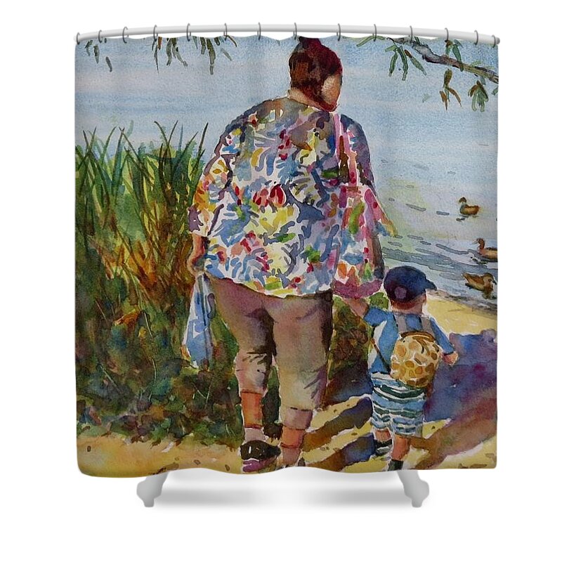 Landscape Shower Curtain featuring the painting Mom and Boy with Ducks by David Gilmore