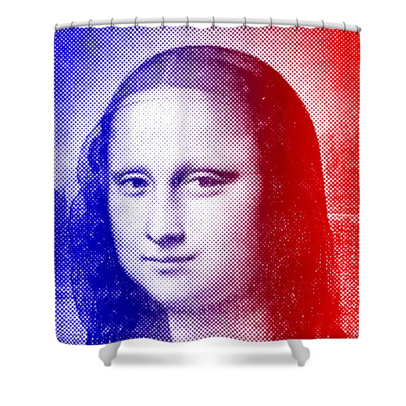 Mona Lisa Shower Curtain featuring the digital art Mona Lisa - blue and red halftone pattern by Nicko Prints