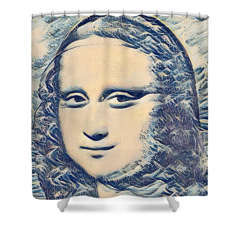 Mona Lisa Shower Curtain featuring the digital art Mona Lisa in the style of the Great Wave off Kanagawa - digital recreation by Nicko Prints