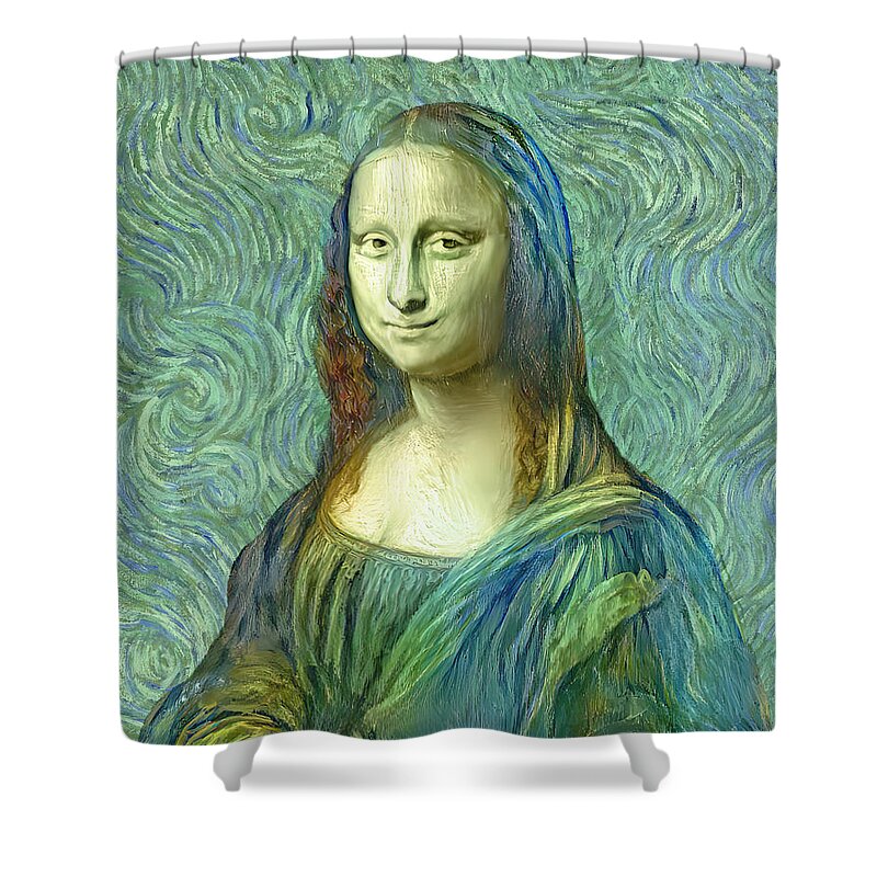 Mona Lisa Shower Curtain featuring the digital art Mona Lisa in the style of the Van Gogh self-portrait - digital recreation by Nicko Prints