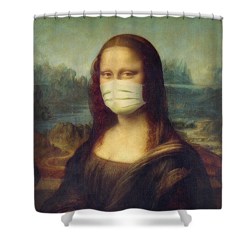 Mona Lisa Shower Curtain featuring the painting Mona Lisa wearing a mask by Delphimages Photo Creations