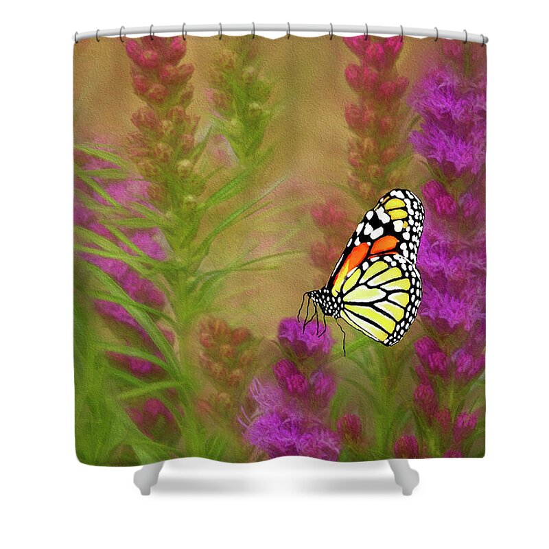 Monarch Butterfly Shower Curtain featuring the digital art Monarch Butterfly on Liatris by Diane Schuster