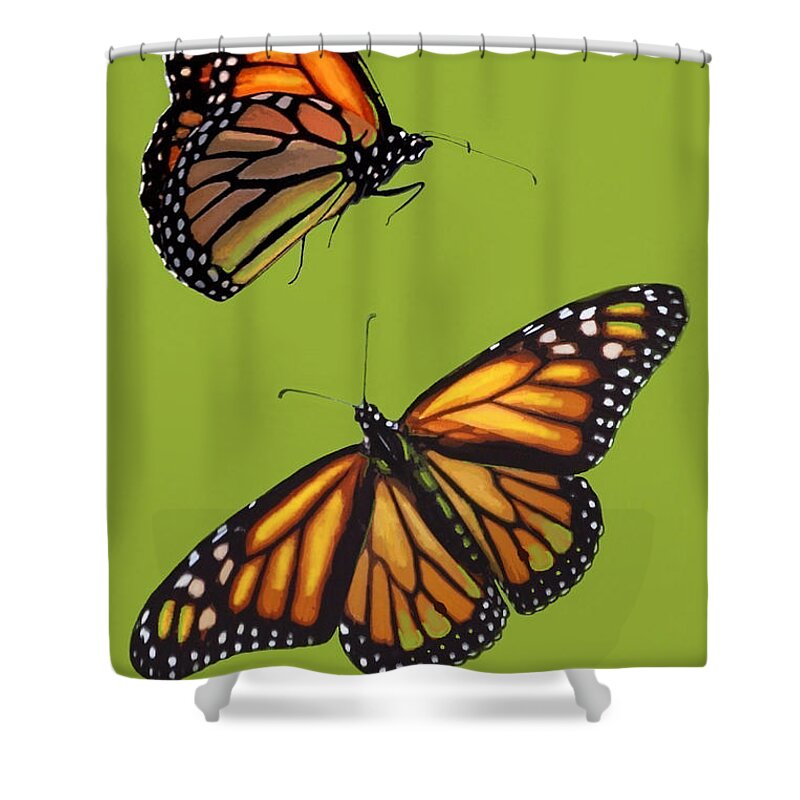 Nature Shower Curtain featuring the mixed media Monarch Pair by Judy Cuddehe