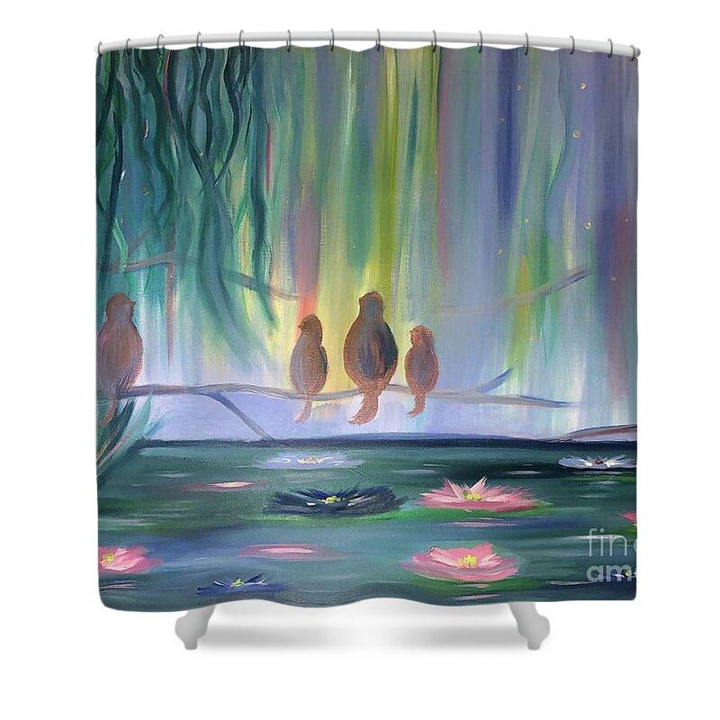 Birds Shower Curtain featuring the painting Monets Birds by Stacey Zimmerman