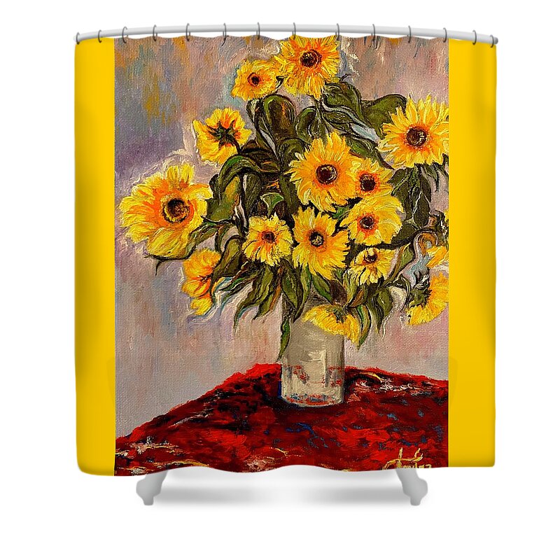 Sunflowers Shower Curtain featuring the painting Monets Sunflowers by Anitra by Anitra Handley-Boyt