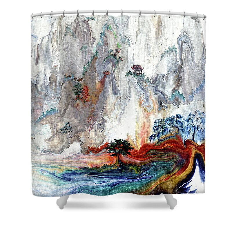 Egret Shower Curtain featuring the painting Monk and Egret Beneath a Mountaintop Shrine by Laura Iverson