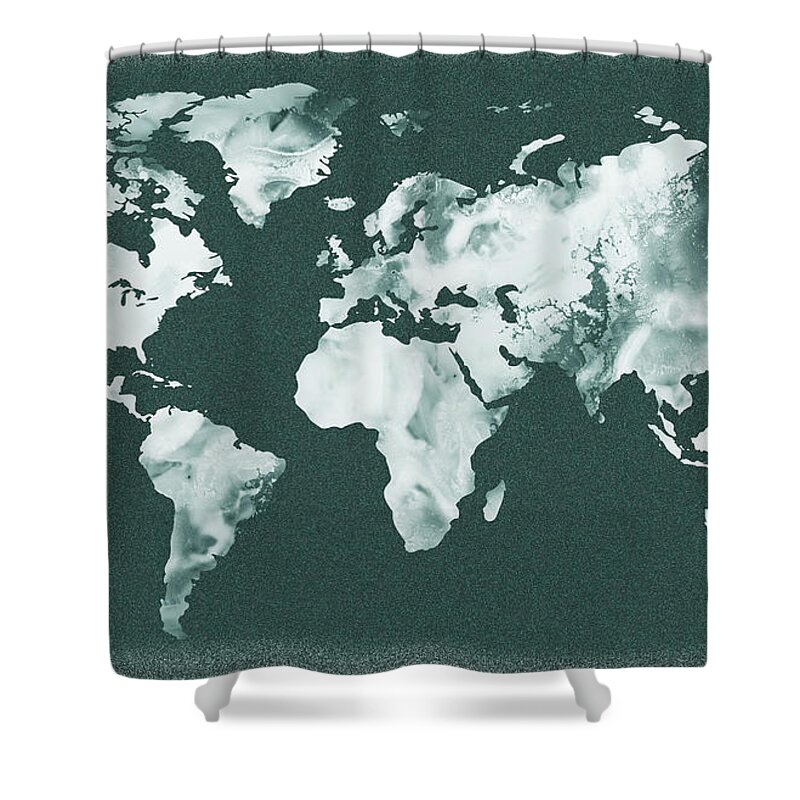 World Map Shower Curtain featuring the painting Monochromatic Teal Gray Watercolor World Map by Irina Sztukowski