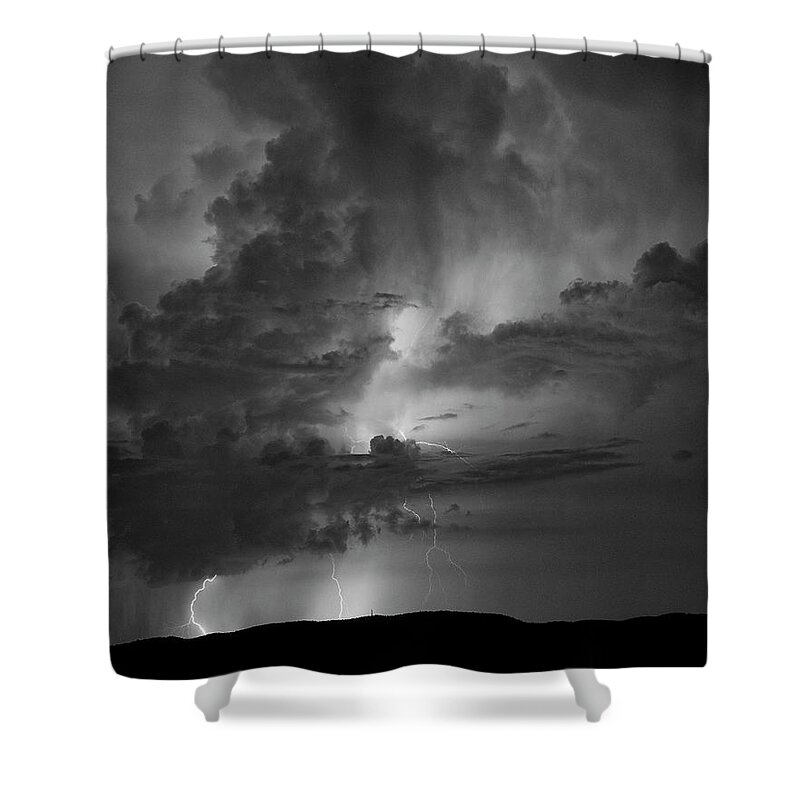 Lightning Shower Curtain featuring the photograph Monochrome View of Summer Lightning Strikes by Charles Floyd