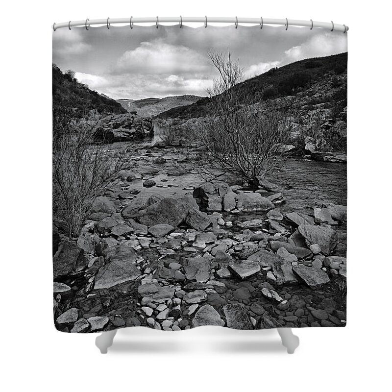 River Shower Curtain featuring the photograph Monochromed River Flow in Alentejo by Angelo DeVal