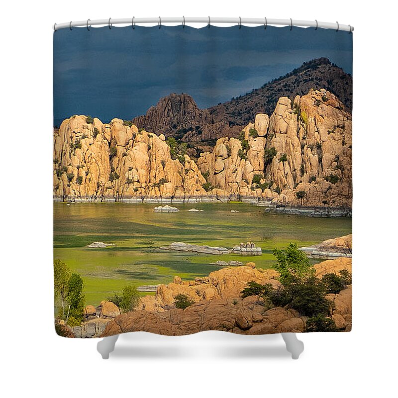 Fall Colors Granite Dells Boulders Water Lake Revivor Fstop101 Prescott Arizona Red Blue Colorful Rock Dark Clouds Summer Monsoon Storm Green Shower Curtain featuring the photograph Monsoon Storm Approaching the Granite Dells #1 by Geno