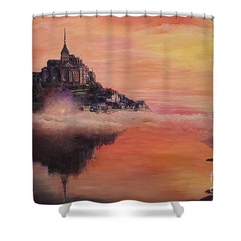Sunset Shower Curtain featuring the painting Mont St. Michel by Merana Cadorette