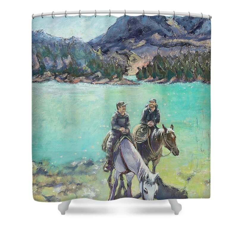 Montana Shower Curtain featuring the painting Montana on Horseback by PJ Kirk