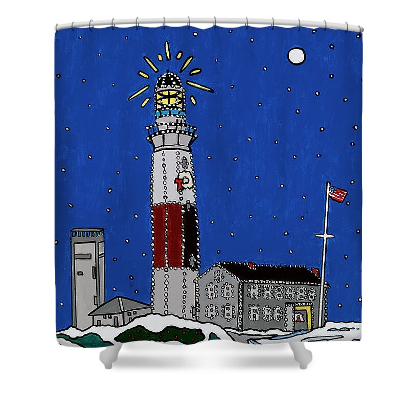Montauk Lighthouse Christmas Shower Curtain featuring the painting Montauk Christmas Lights by Mike Stanko