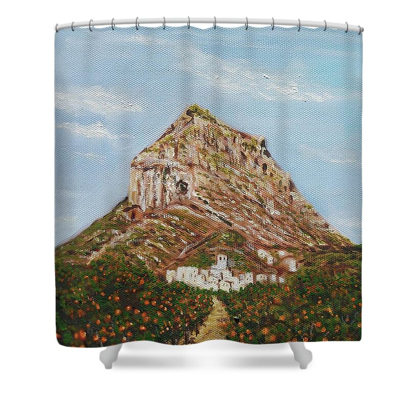 Javea Shower Curtain featuring the painting Montgo Javea Spain, From The Orange Groves by Mackenzie Moulton