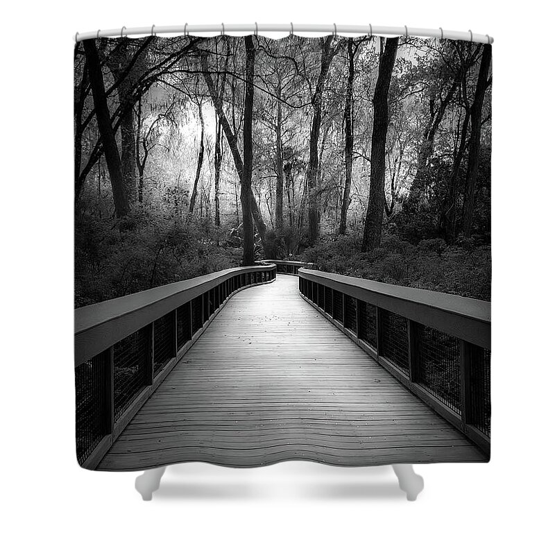 Florida Boardwalk Shower Curtain featuring the photograph Moody and Mysterious Florida Boardwalk in Black and White by Rebecca Herranen