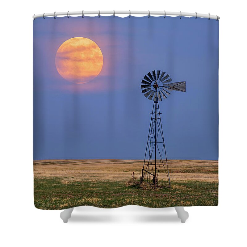 Full Moon Shower Curtain featuring the photograph Moon and Windmill Twilight by Darren White