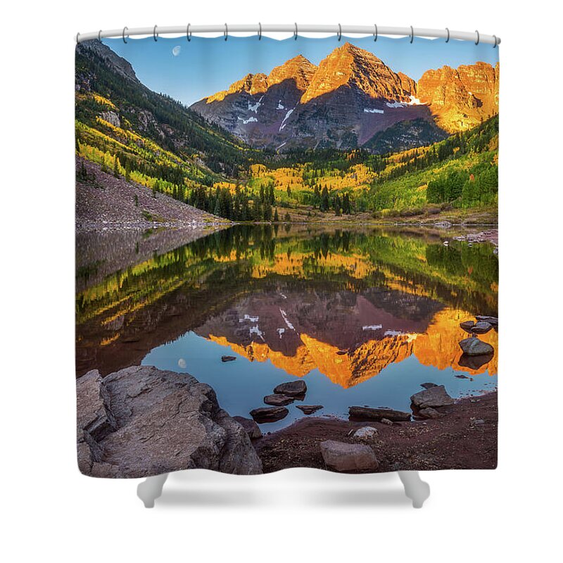 Moon Shower Curtain featuring the photograph Moon At Maroon Bells by Darren White