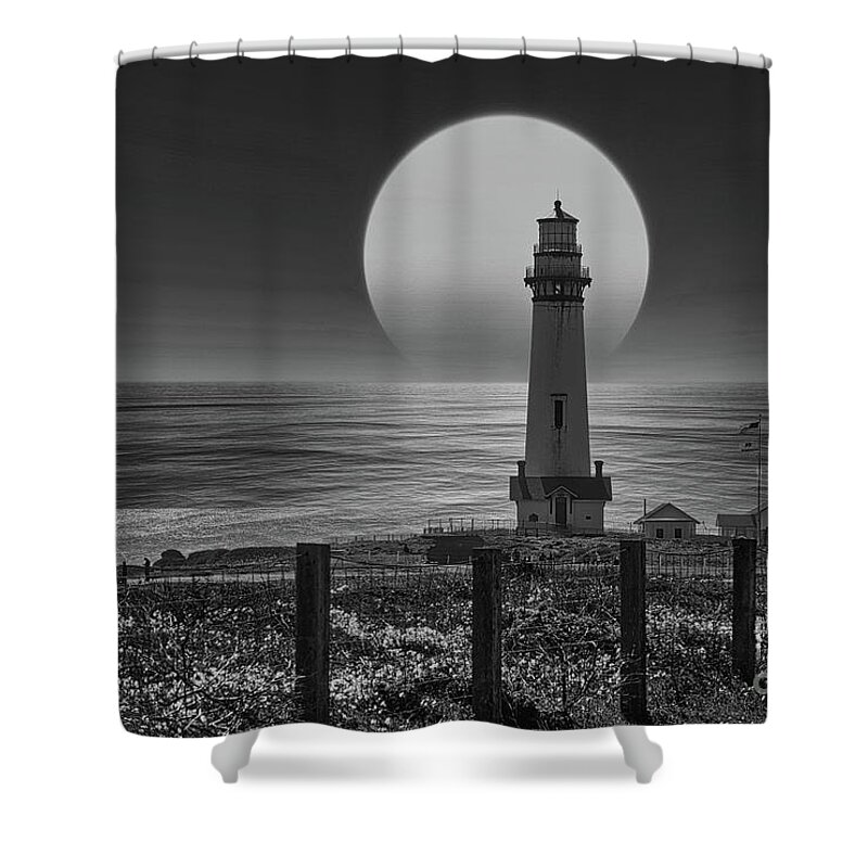 California Shower Curtain featuring the photograph Moon Epic Pigeon point lighthouse BW California by Chuck Kuhn