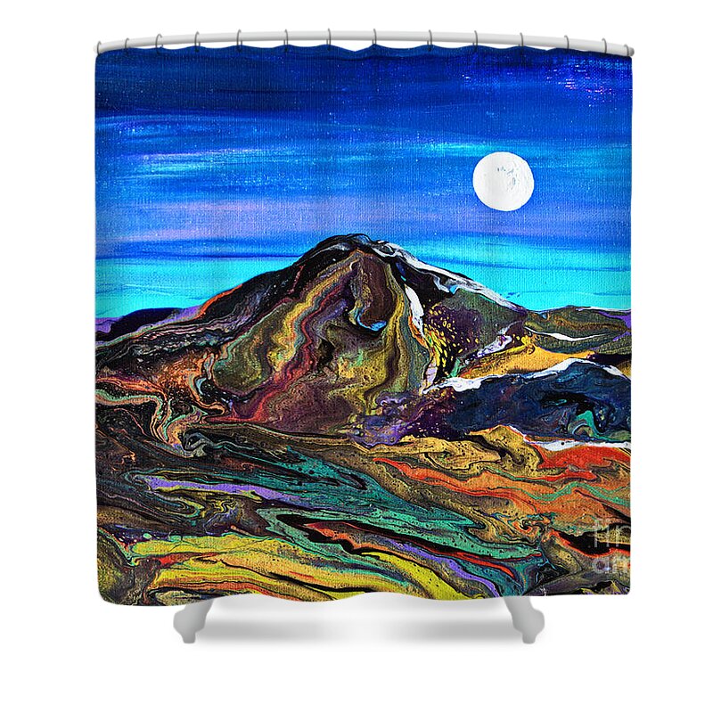 Full Moon Night Scene Landscape Dynamic Colorful Organic Dimensional Dramatic Mountain Shower Curtain featuring the painting Moon Mountain #6714 A by Priscilla Batzell Expressionist Art Studio Gallery