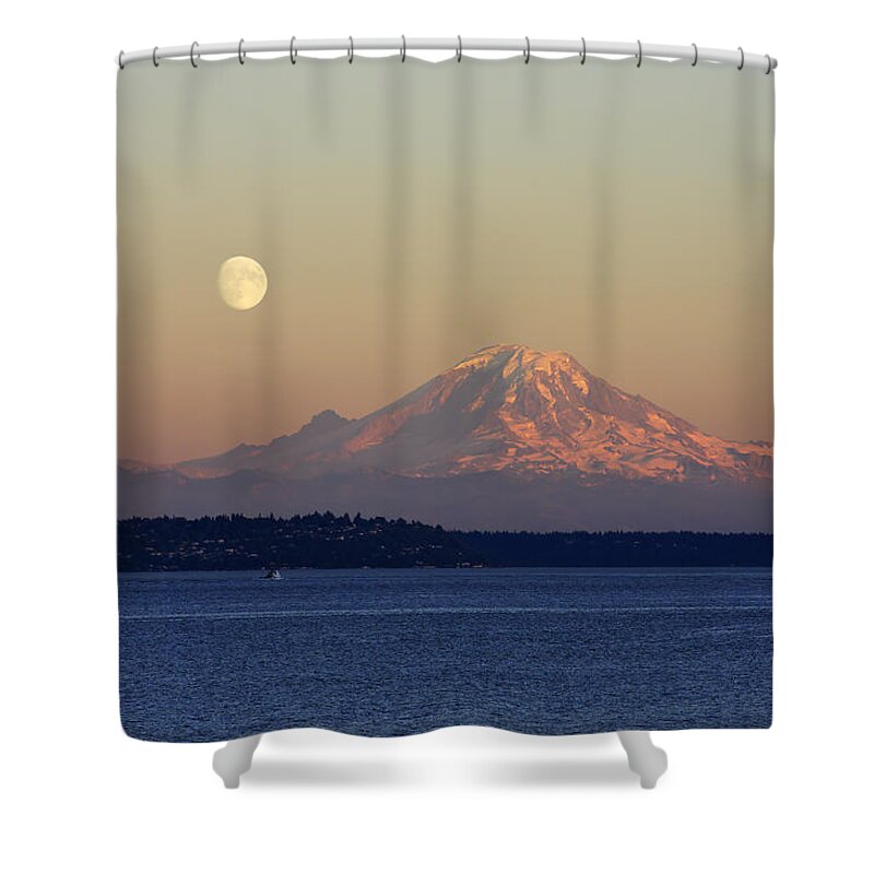 #faatoppicks Shower Curtain featuring the photograph Moon Over Rainier by Adam Romanowicz