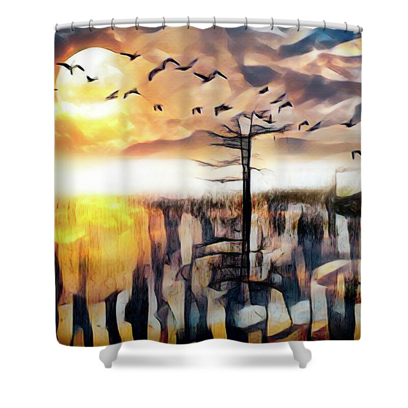 Birds Shower Curtain featuring the photograph Moon Rise Flight Abstract Painting by Debra and Dave Vanderlaan