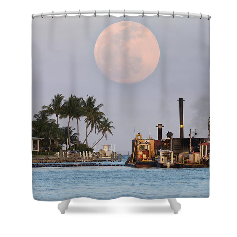Determination Shower Curtain featuring the photograph Moon Rise Jupiter Inlet and Pump Barge by Kim Seng