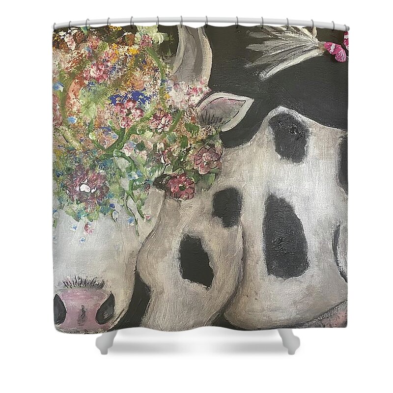 Cow Shower Curtain featuring the painting Moona Lisa by Kathy Bee