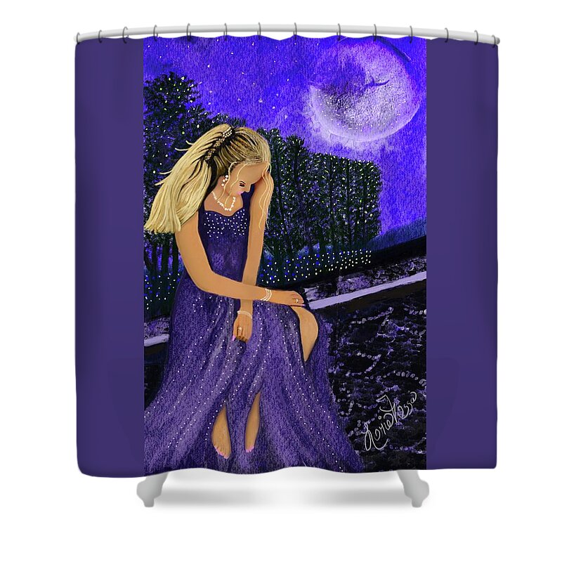 Woman Moonlight Forest Trees Purple Whimsical Fashion Reflection Hope Shower Curtain featuring the mixed media Moonlight Prayers by Lorie Fossa