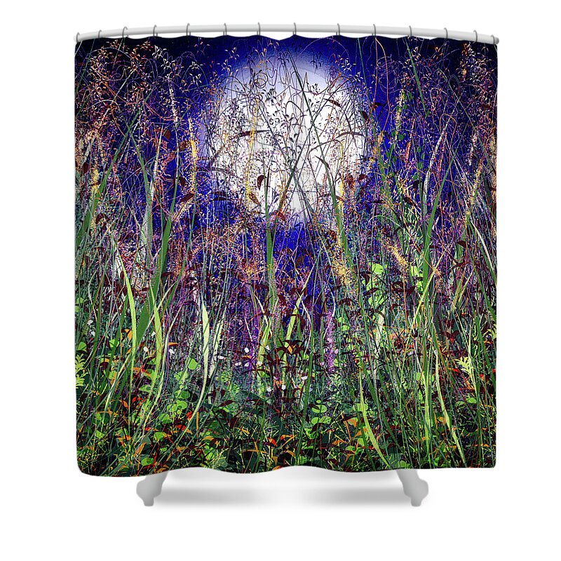 Art Shower Curtain featuring the painting Moonlight Shadows Over Honey Meadow Flowers by Lena Owens - OLena Art Vibrant Palette Knife and Graphic Design
