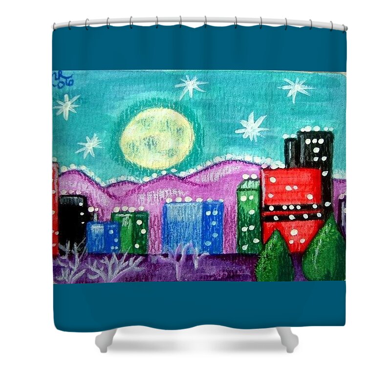 Cityscape Shower Curtain featuring the painting Moonlit Cityscape by Monica Resinger