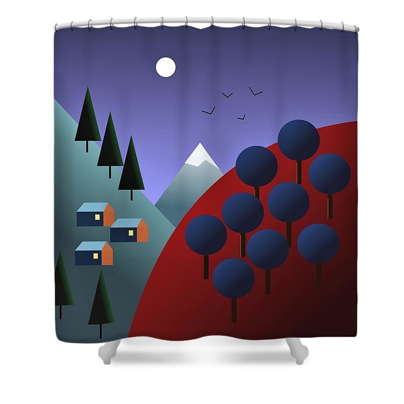 Mountainscape Shower Curtain featuring the digital art Moonlit Mountainscape by Fatline Graphic Art