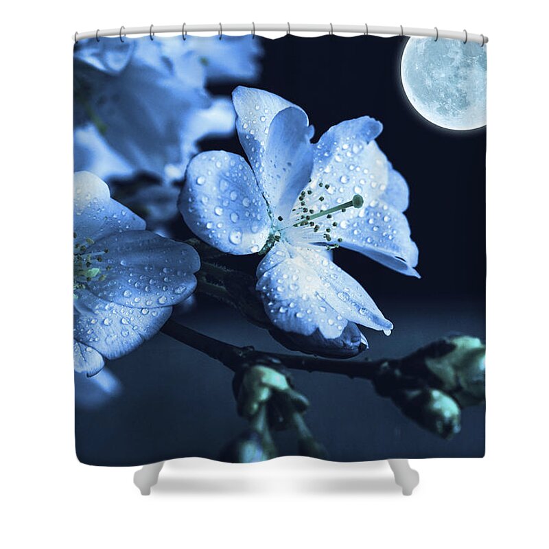 Moonlight Shower Curtain featuring the photograph Moonlit Night In The Blooming Garden by Alex Mir