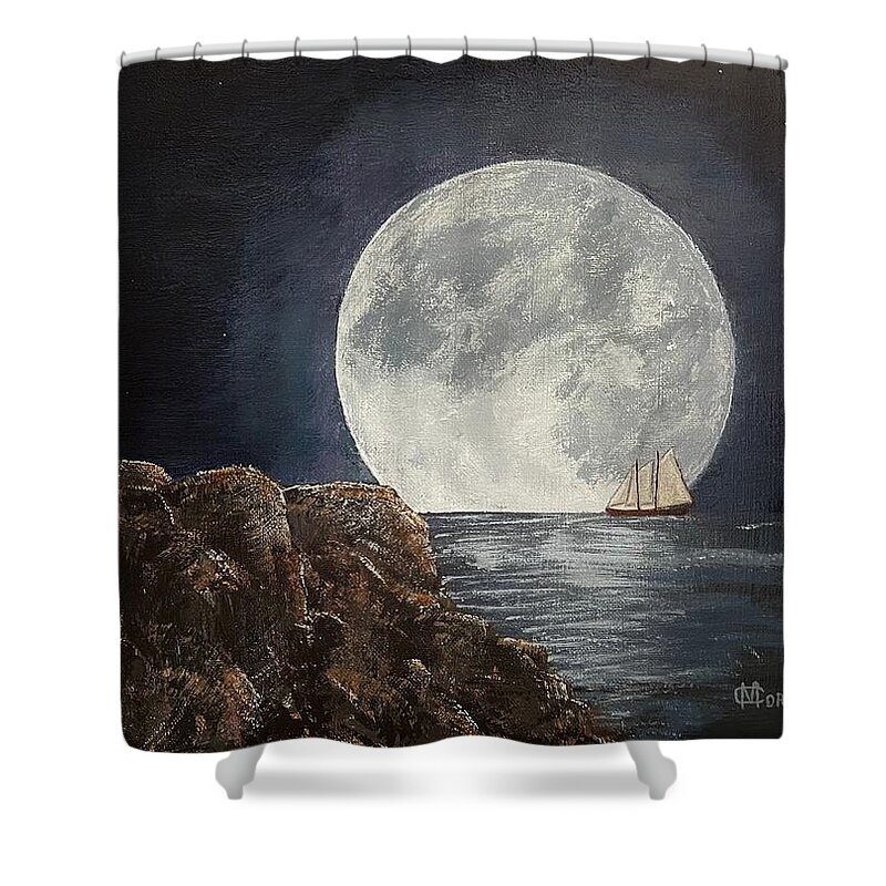 Rocky Shoreline Shower Curtain featuring the painting Moonlit Passage II by Cynthia Morgan
