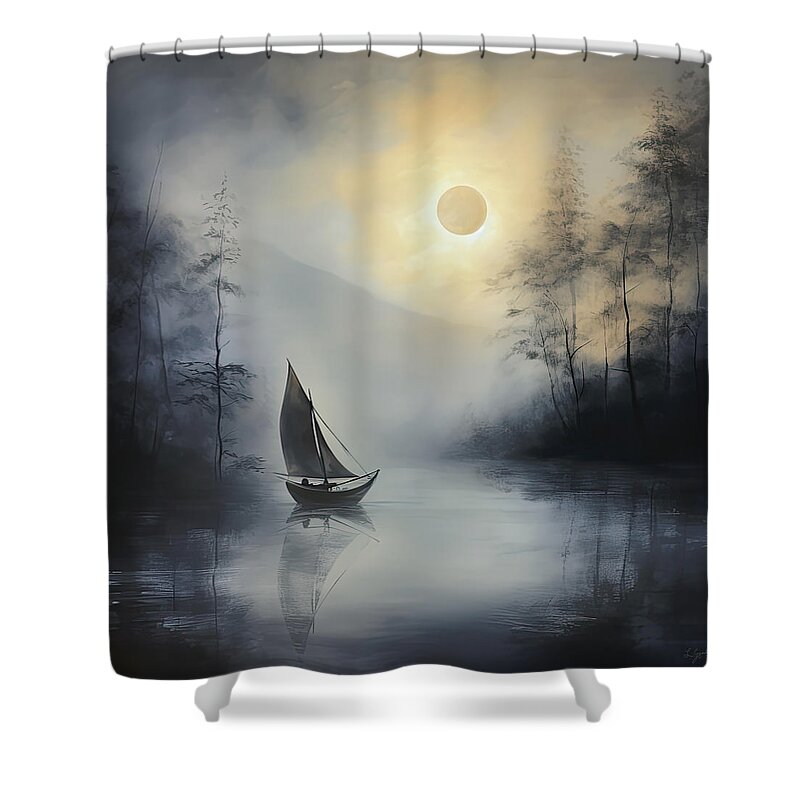 Mystery Art Shower Curtain featuring the painting Moonlit Watcher - Gray Art by Lourry Legarde