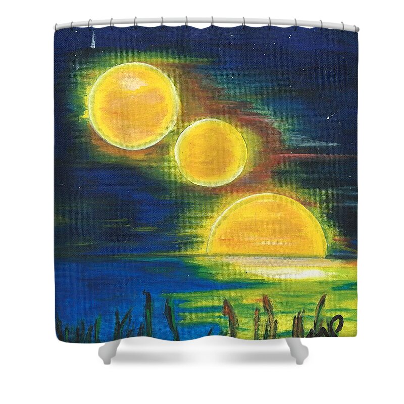 Night Sky Shower Curtain featuring the painting Moons Alighting by Esoteric Gardens KN