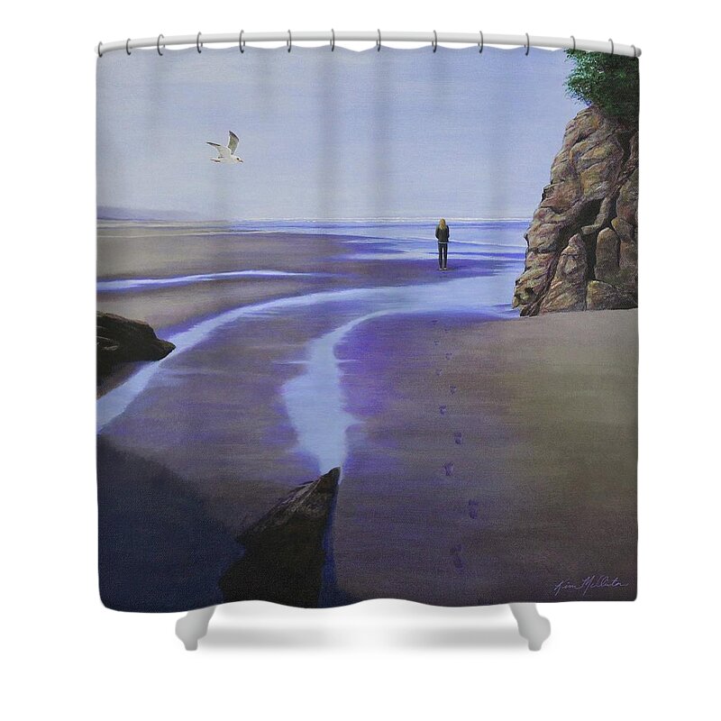 Kim Mcclinton Shower Curtain featuring the painting Low Tide on Moonstone Beach by Kim McClinton