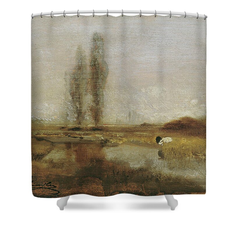Woman Shower Curtain featuring the painting Moorland near Lundenburg dating around by MotionAge Designs