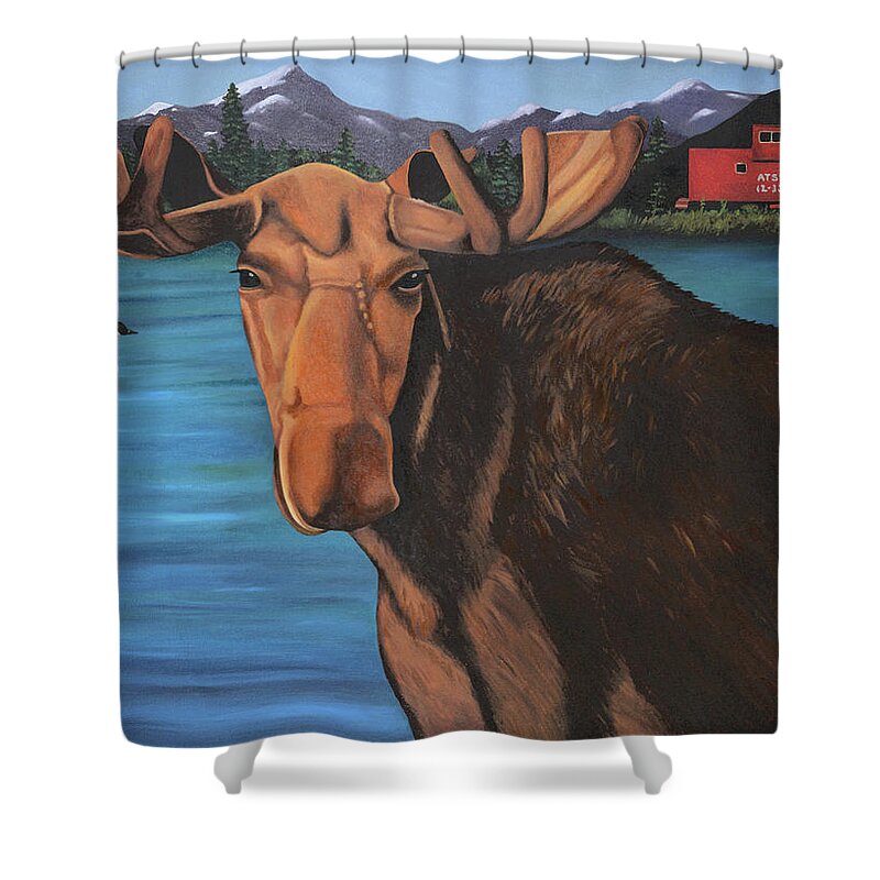 Moose Shower Curtain featuring the painting Moose With A Goose and A Red Caboose by Leah Saulnier The Painting Maniac