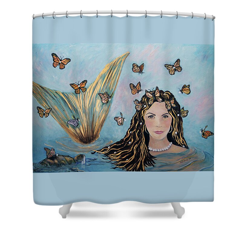 Mermaid Shower Curtain featuring the painting More Precious Than Gold by Linda Queally by Linda Queally