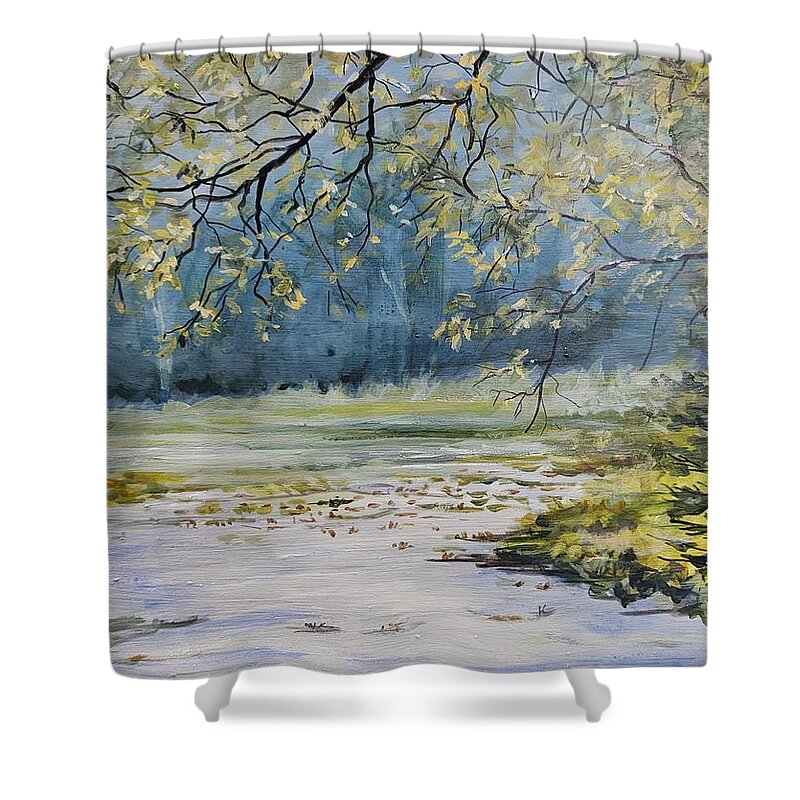 Landscape Shower Curtain featuring the painting Morning Blue by William Brody