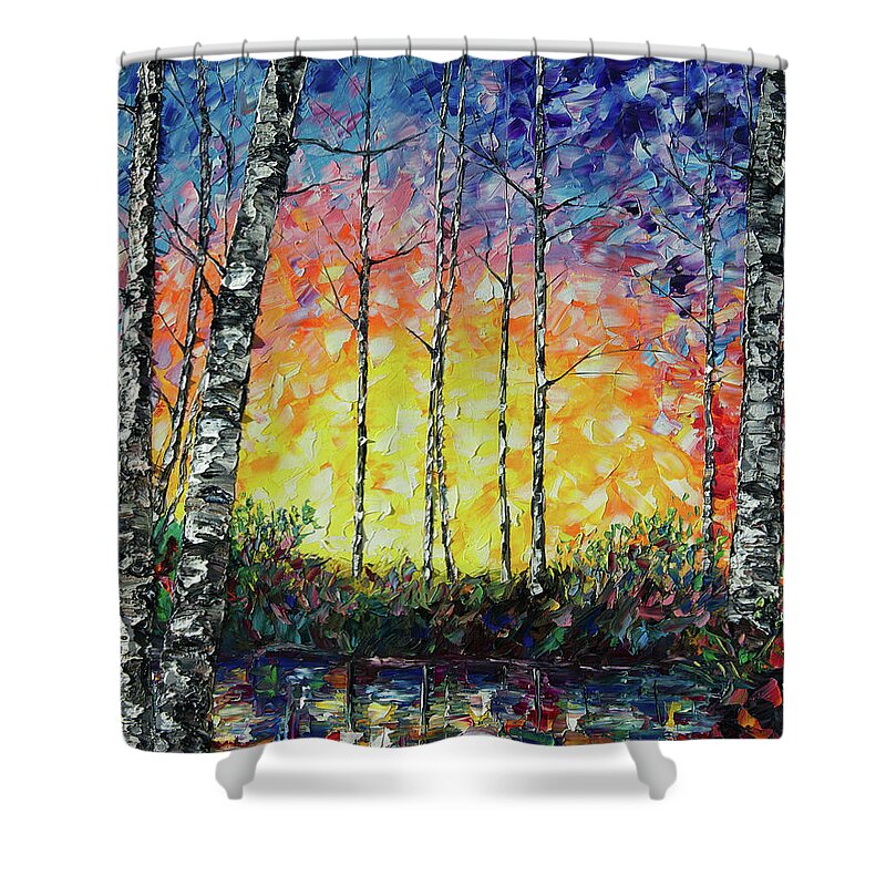Rich Shower Curtain featuring the painting Morning Breaks by Lena Owens - OLena Art Vibrant Palette Knife and Graphic Design