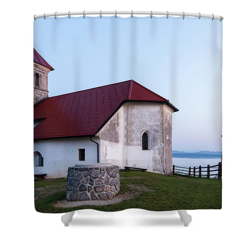 Saint Shower Curtain featuring the photograph Morning glow over church by Ian Middleton